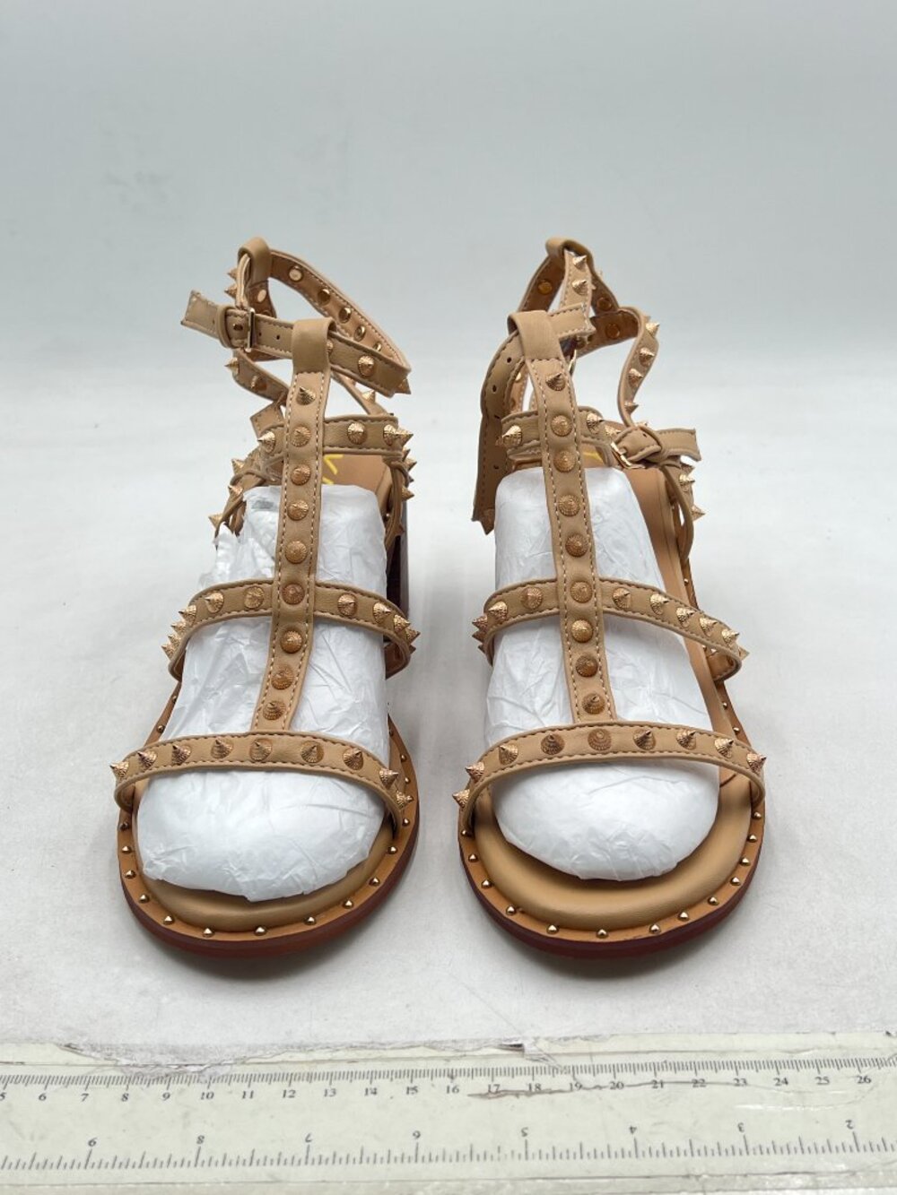 YDN Tan Sexy Strappy Sandals Open Toe Buckle Rivet Gladiator Chunky Heels Shoes - Picture 3 of 8